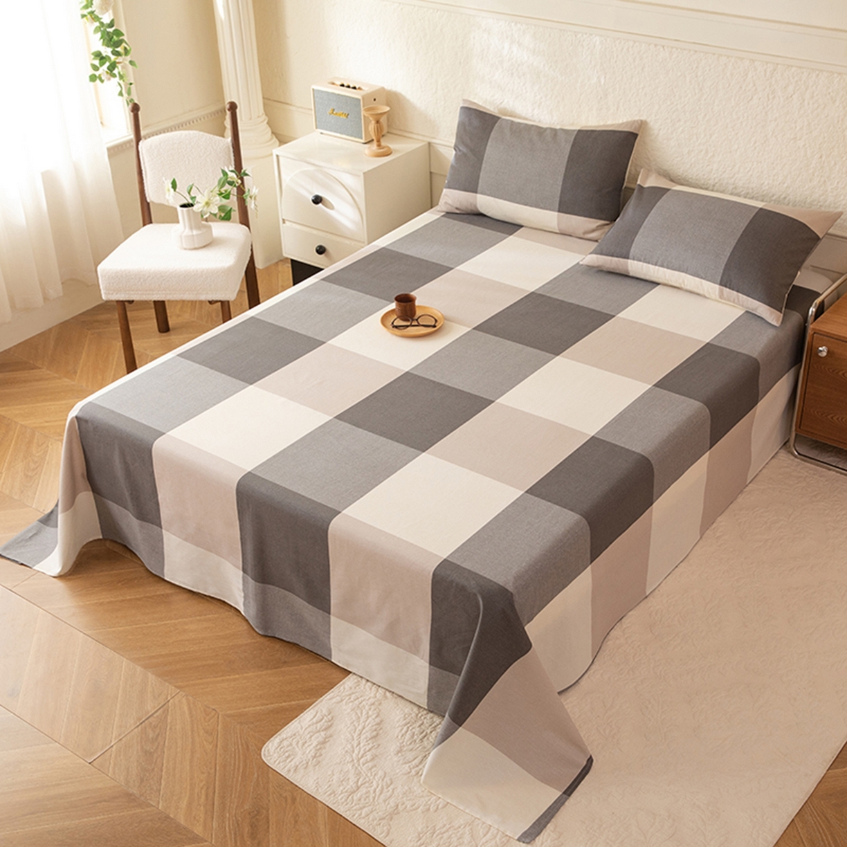 91家纺网 家纺一手货源 找家纺 八十八家纺 2026新款无印风全棉纯棉斜纹条格单床单床单单件单品床单 山海