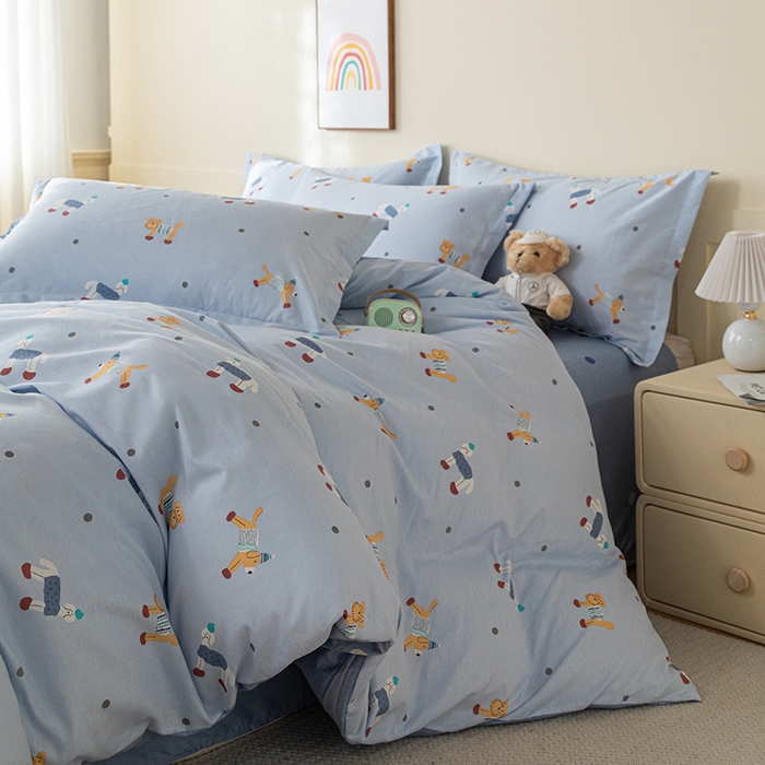 91家纺网 家纺一手货源 找家纺 爱诗诺家纺 2026新款100%全棉纯棉印花四件套【送货上门.多少都可以送】 可爱修狗-蓝