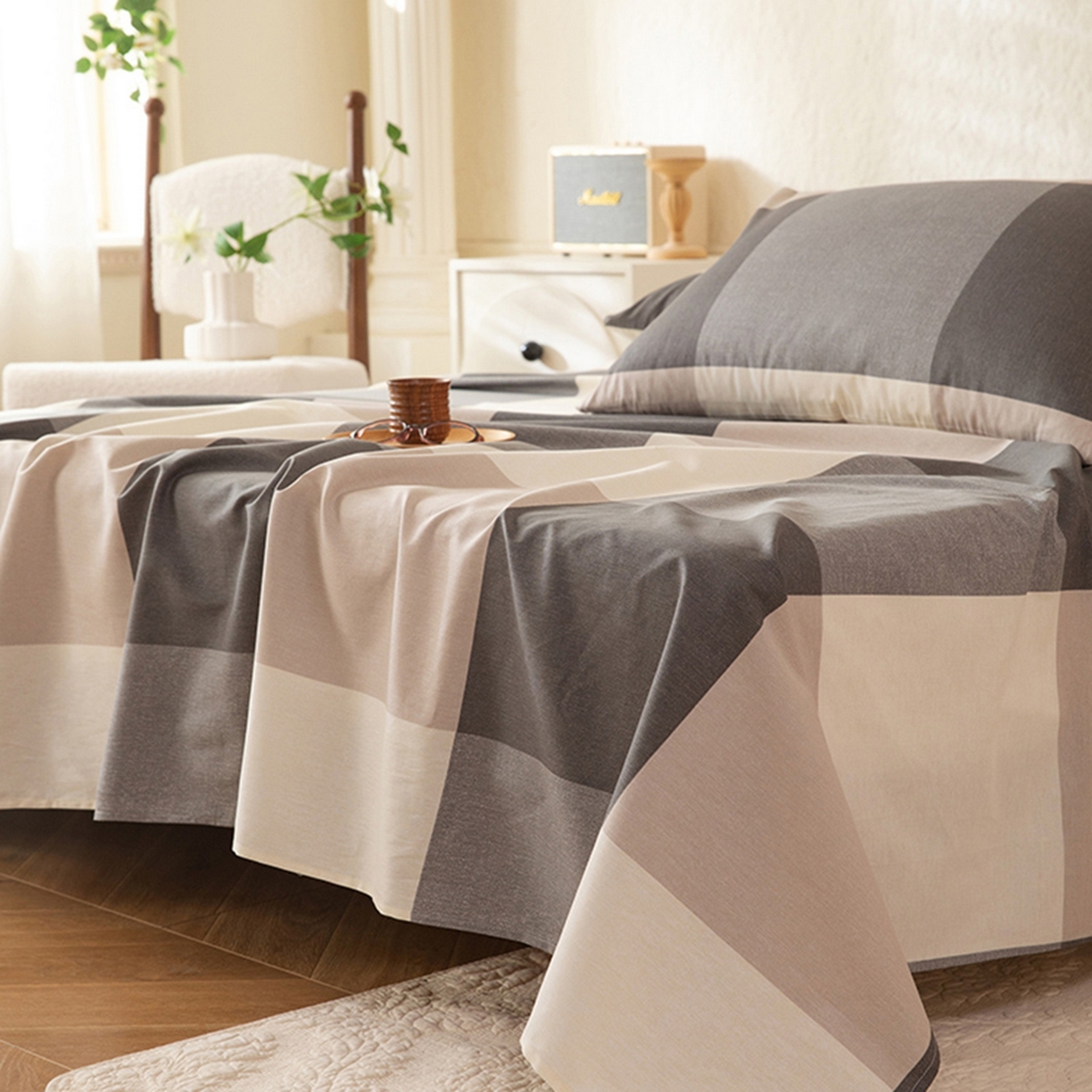 91家纺网 家纺一手货源 找家纺 八十八家纺 2026新款无印风全棉纯棉斜纹条格单床单床单单件单品床单 山海