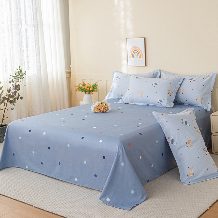 91家纺网 家纺一手货源 找家纺 爱诗诺家纺 2026新款100%全棉纯棉印花四件套【送货上门.多少都可以送】 可爱修狗-蓝