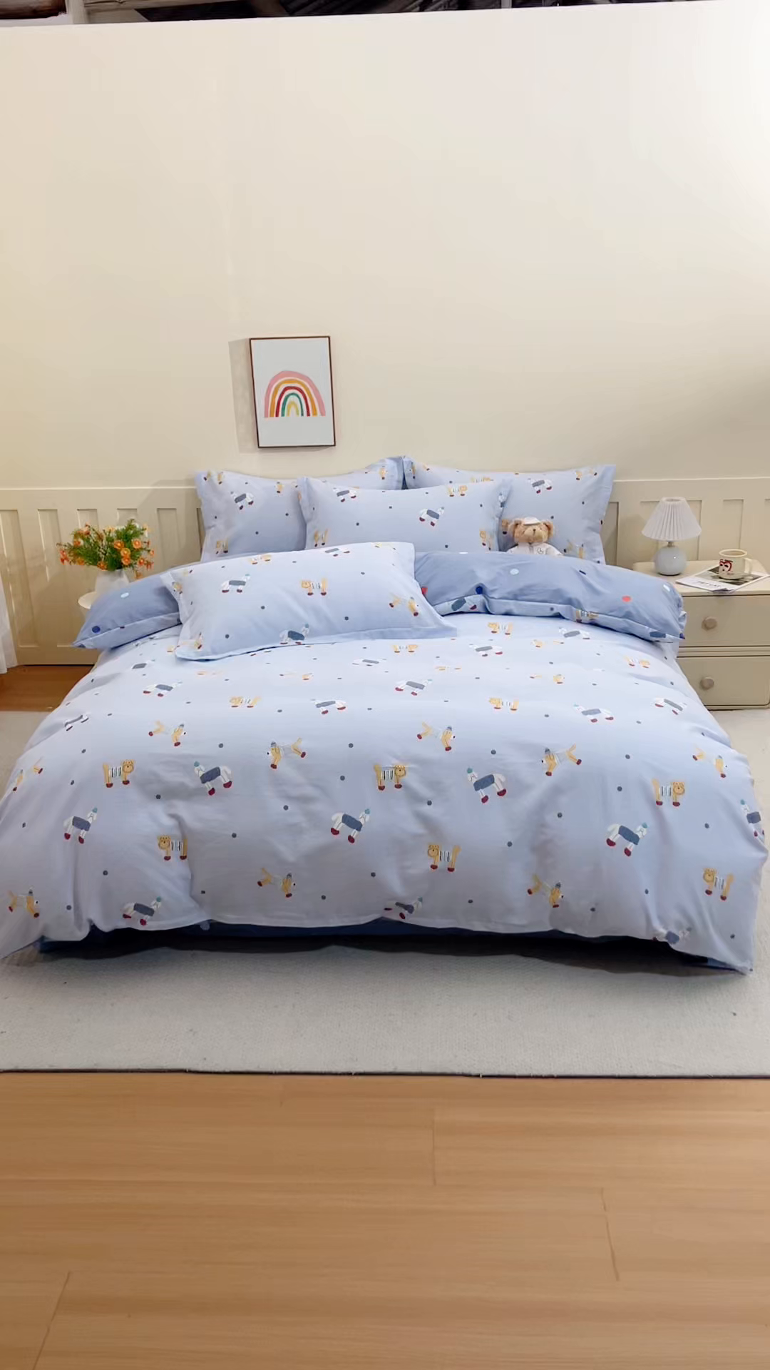 91家纺网 家纺一手货源 找家纺 爱诗诺家纺 2026新款100%全棉纯棉印花四件套【送货上门.多少都可以送】 可爱修狗-蓝