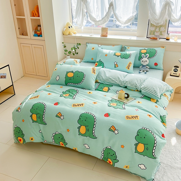 91家纺网 家纺一手货源 找家纺 爱诗诺家纺 2026新款100%全棉纯棉印花四件套【送货上门.多少都可以送】 恐龙告白绿