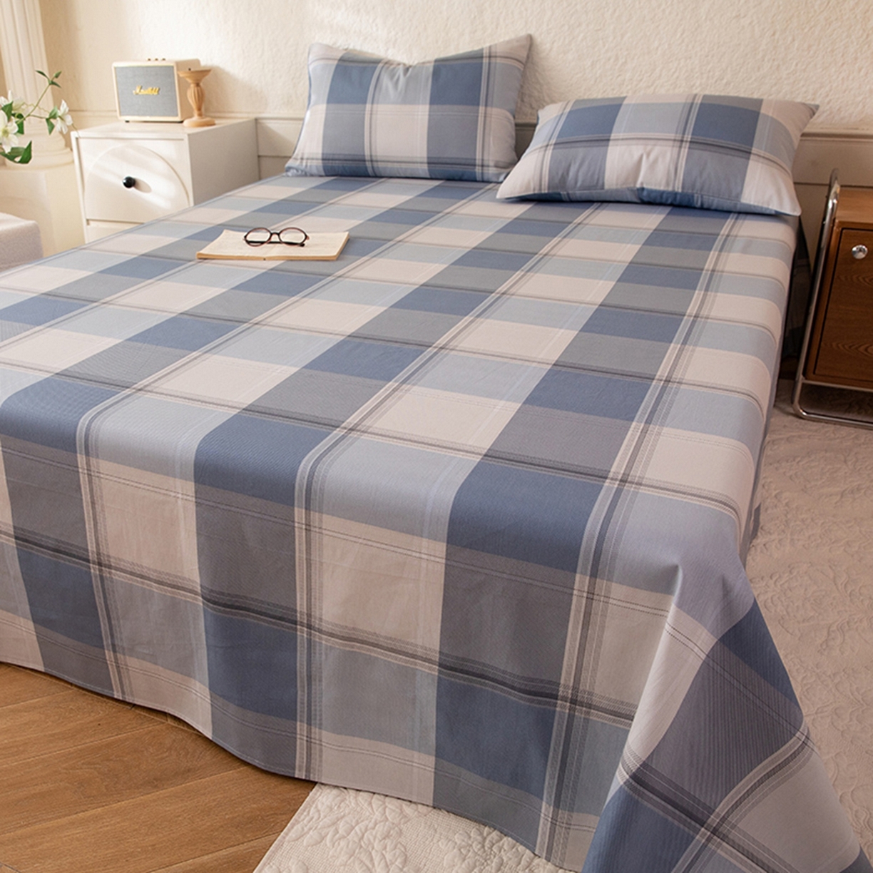 八十八家纺 2026新款无印风全棉纯棉斜纹条格单床单床单单件单品床单 山禾