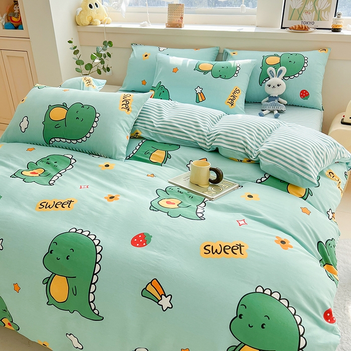 91家纺网 家纺一手货源 找家纺 爱诗诺家纺 2026新款100%全棉纯棉印花四件套【送货上门.多少都可以送】 恐龙告白绿