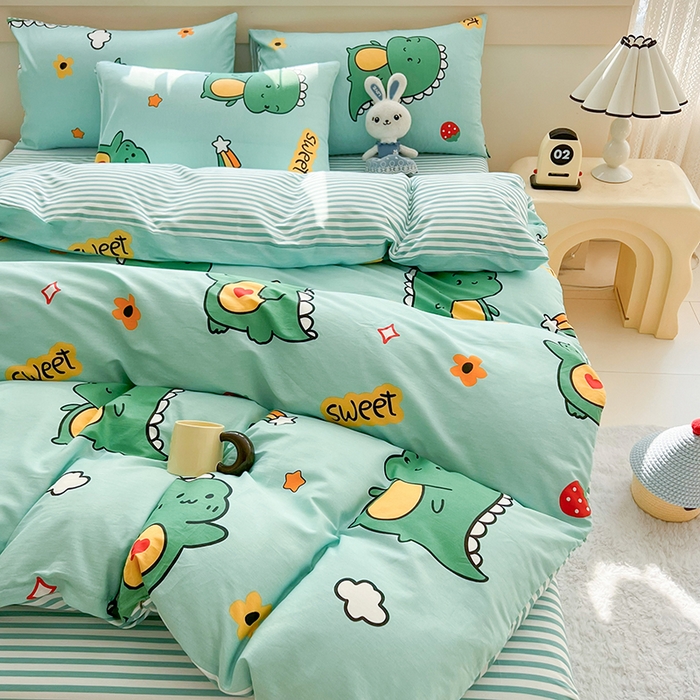 91家纺网 家纺一手货源 找家纺 爱诗诺家纺 2026新款100%全棉纯棉印花四件套【送货上门.多少都可以送】 恐龙告白绿