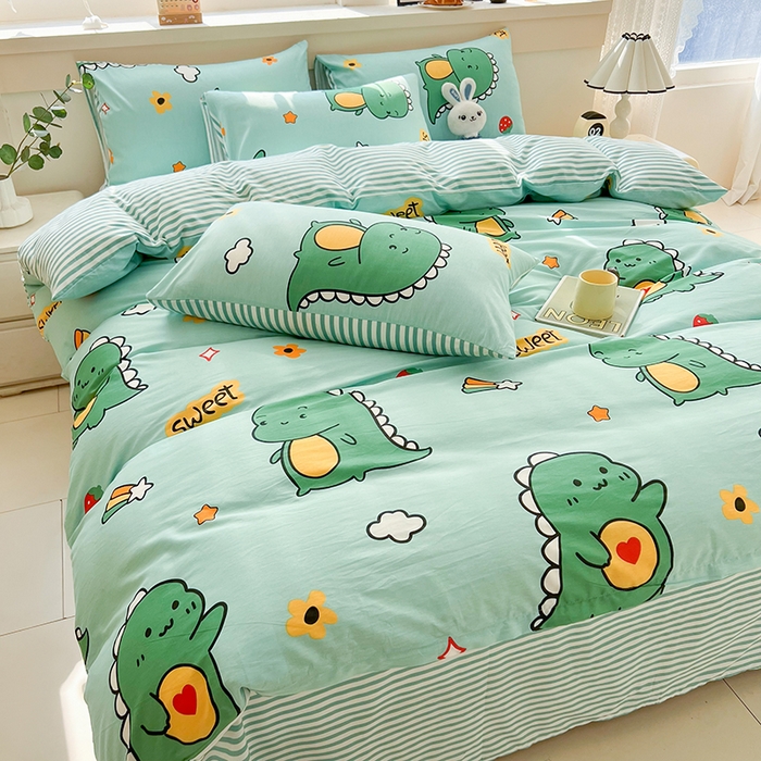 91家纺网 家纺一手货源 找家纺 爱诗诺家纺 2026新款100%全棉纯棉印花四件套【送货上门.多少都可以送】 恐龙告白绿