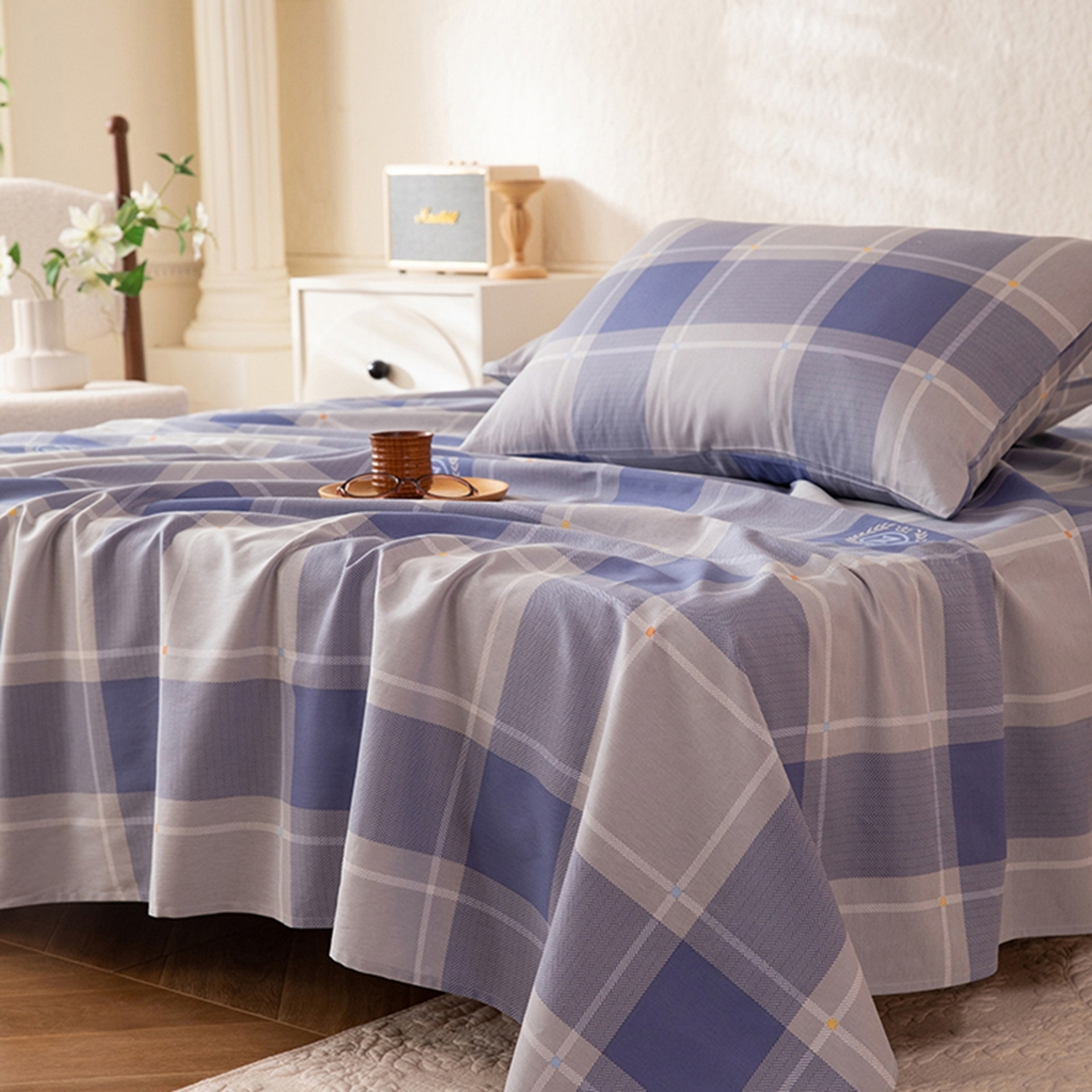 91家纺网 家纺一手货源 找家纺 八十八家纺 2026新款无印风全棉纯棉斜纹条格单床单床单单件单品床单 山林