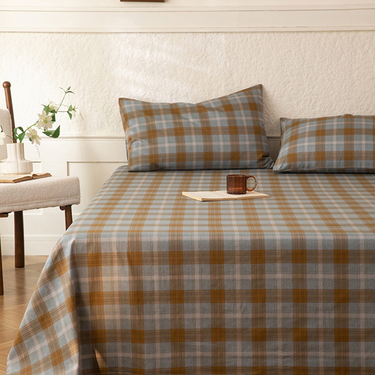 91家纺网 家纺一手货源 找家纺 八十八家纺 2026新款无印风全棉纯棉斜纹条格单床单床单单件单品床单 山墨