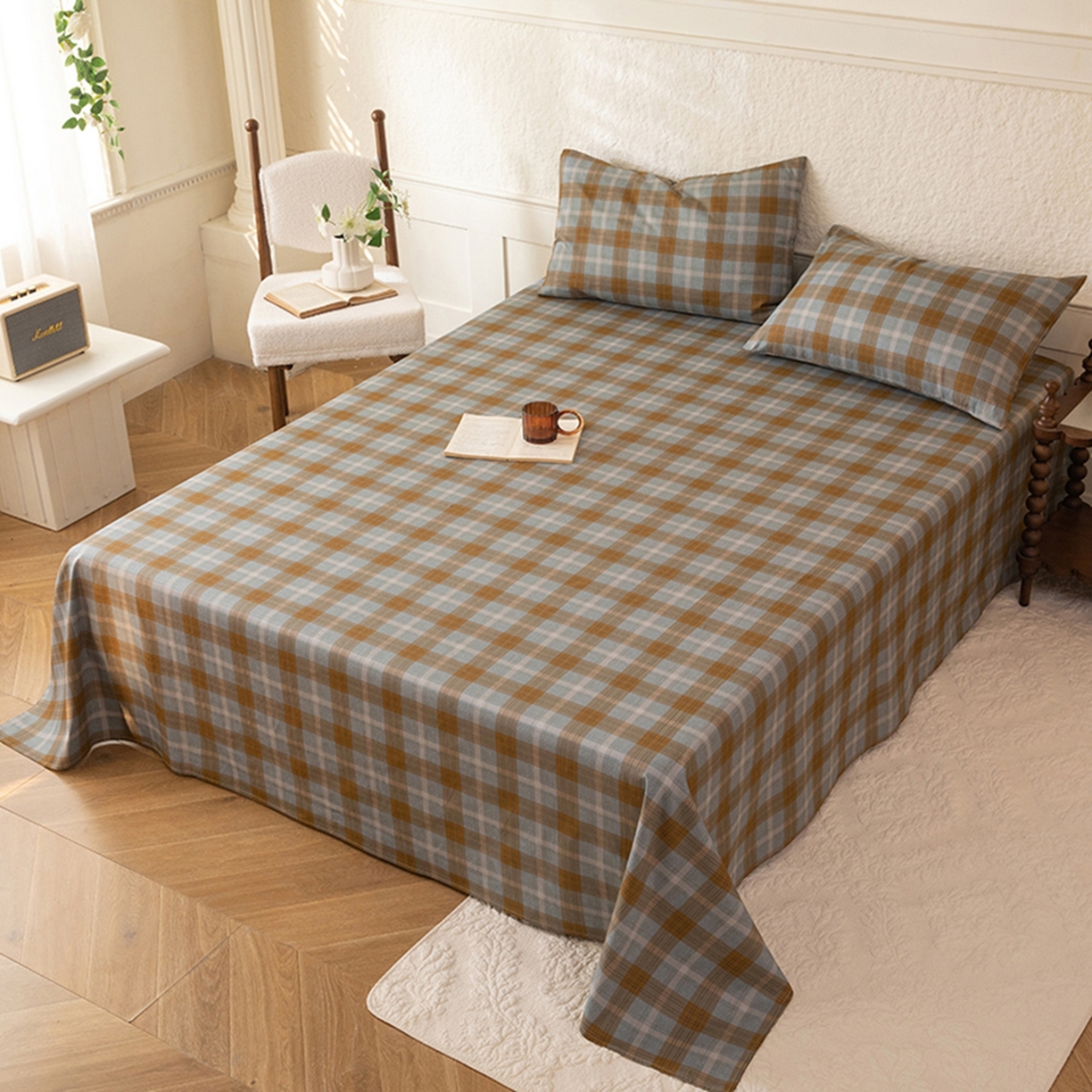 91家纺网 家纺一手货源 找家纺 八十八家纺 2026新款无印风全棉纯棉斜纹条格单床单床单单件单品床单 山墨