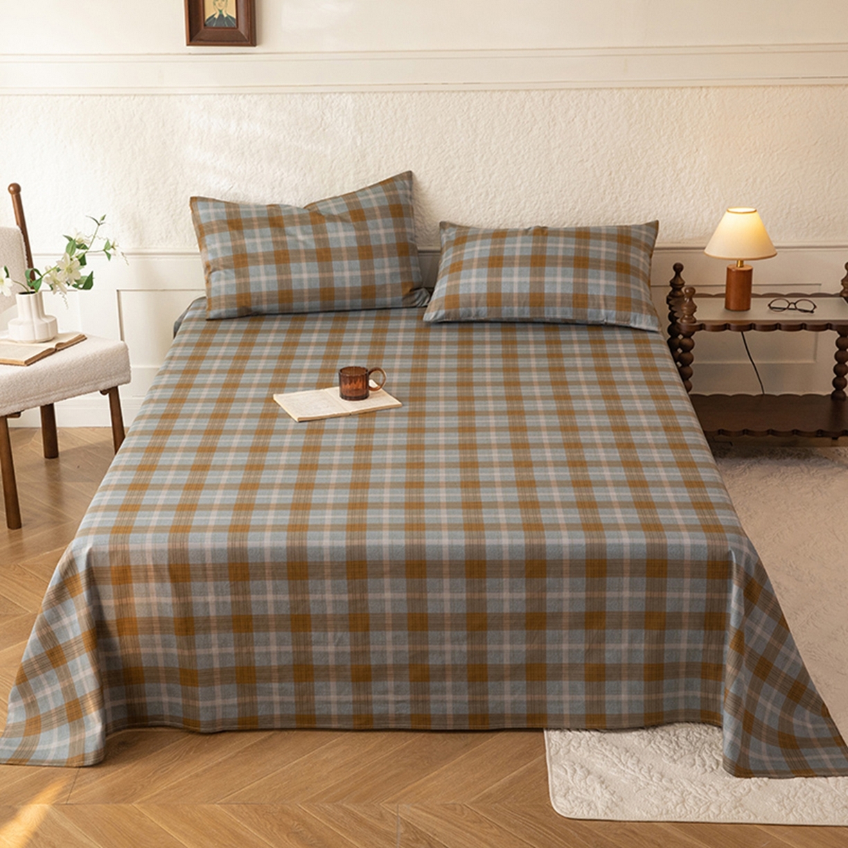 91家纺网 家纺一手货源 找家纺 八十八家纺 2026新款无印风全棉纯棉斜纹条格单床单床单单件单品床单 山墨