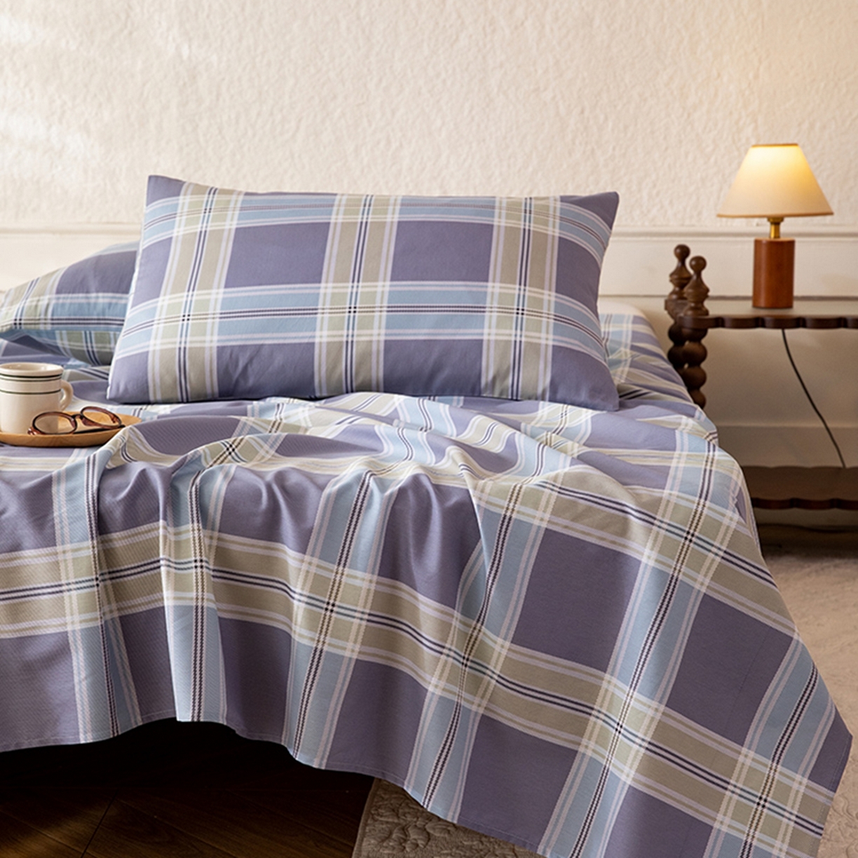 91家纺网 家纺一手货源 找家纺 八十八家纺 2026新款无印风全棉纯棉斜纹条格单床单床单单件单品床单 山月