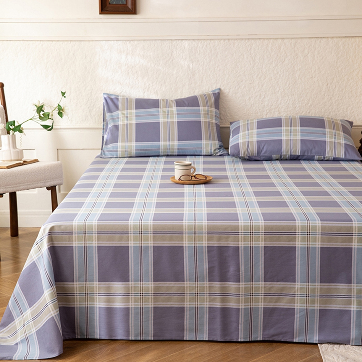 91家纺网 家纺一手货源 找家纺 八十八家纺 2026新款无印风全棉纯棉斜纹条格单床单床单单件单品床单 山月