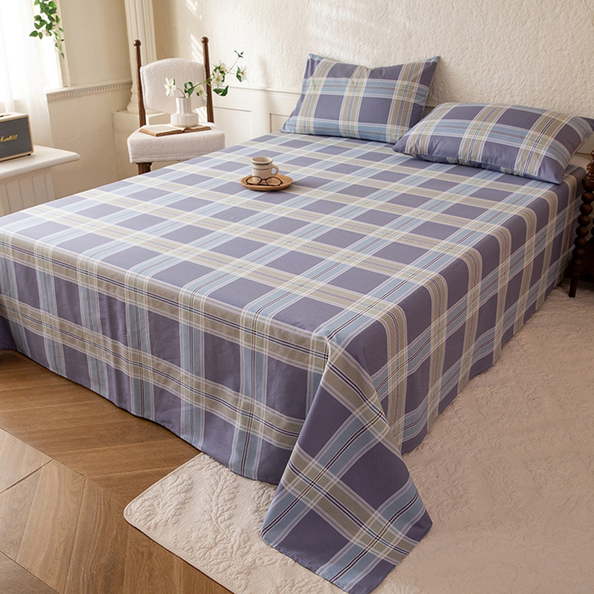 91家纺网 家纺一手货源 找家纺 八十八家纺 2026新款无印风全棉纯棉斜纹条格单床单床单单件单品床单 山月