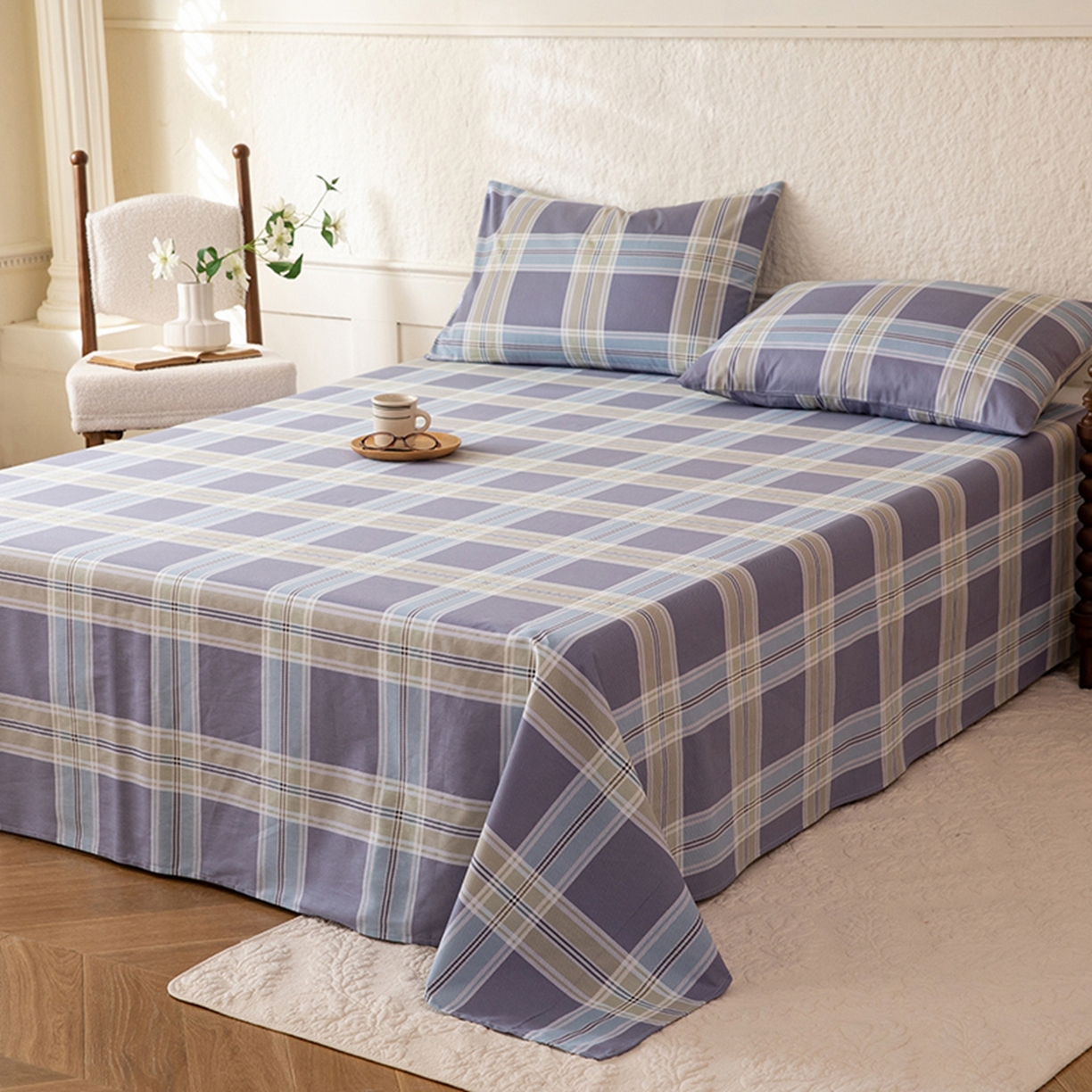 91家纺网 家纺一手货源 找家纺 八十八家纺 2026新款无印风全棉纯棉斜纹条格单床单床单单件单品床单 山月