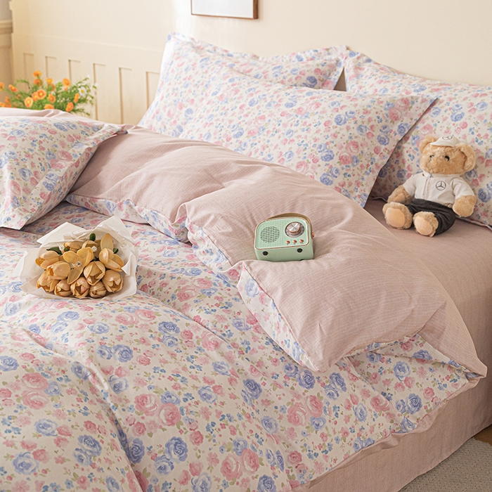 91家纺网 家纺一手货源 找家纺 爱诗诺家纺 2026新款100%全棉纯棉印花四件套【送货上门.多少都可以送】 云絮花-粉