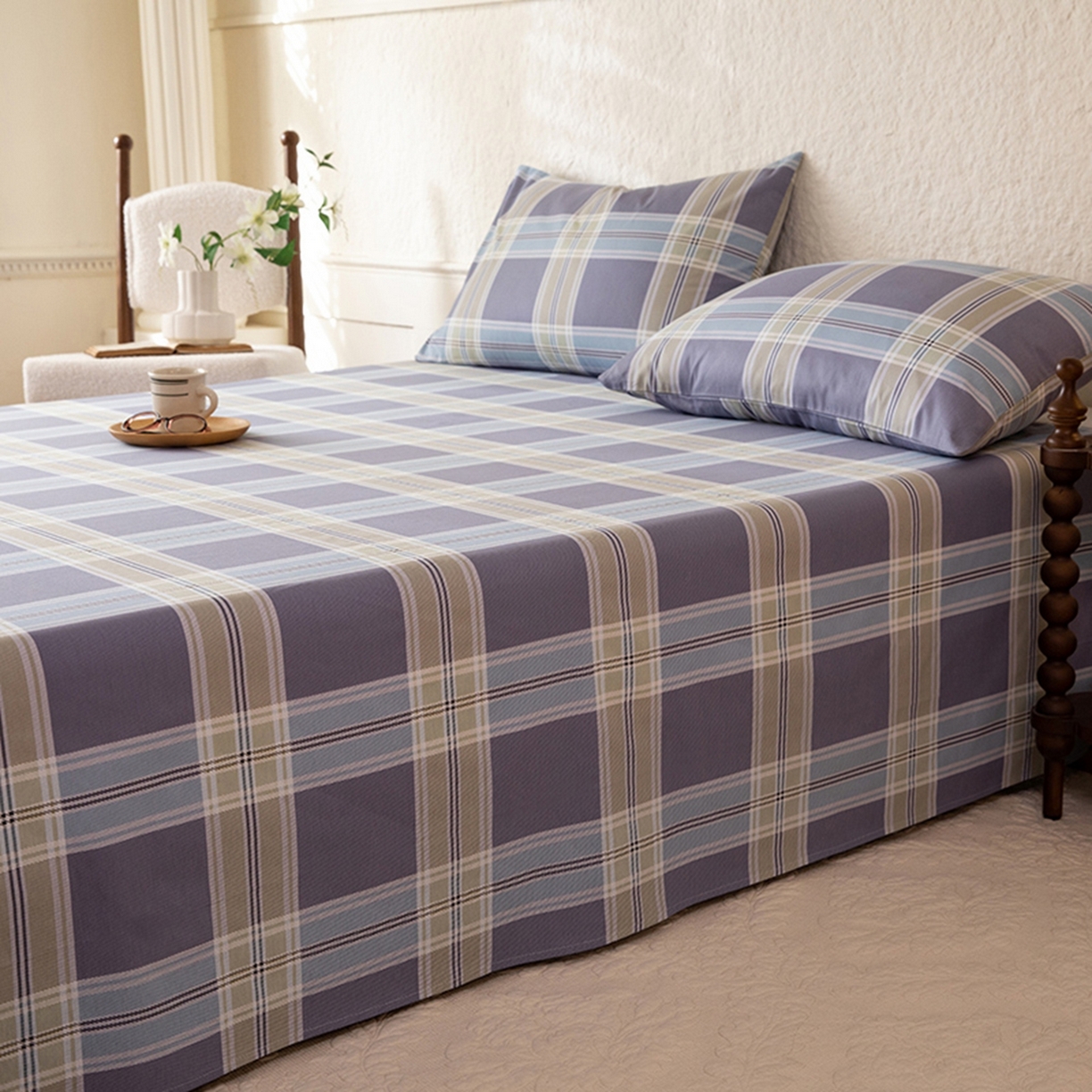 91家纺网 家纺一手货源 找家纺 八十八家纺 2026新款无印风全棉纯棉斜纹条格单床单床单单件单品床单 山月