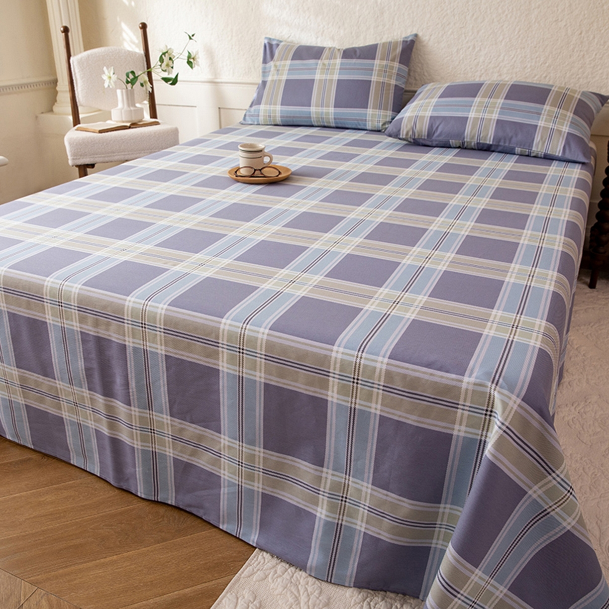 91家纺网 家纺一手货源 找家纺 八十八家纺 2026新款无印风全棉纯棉斜纹条格单床单床单单件单品床单 山月