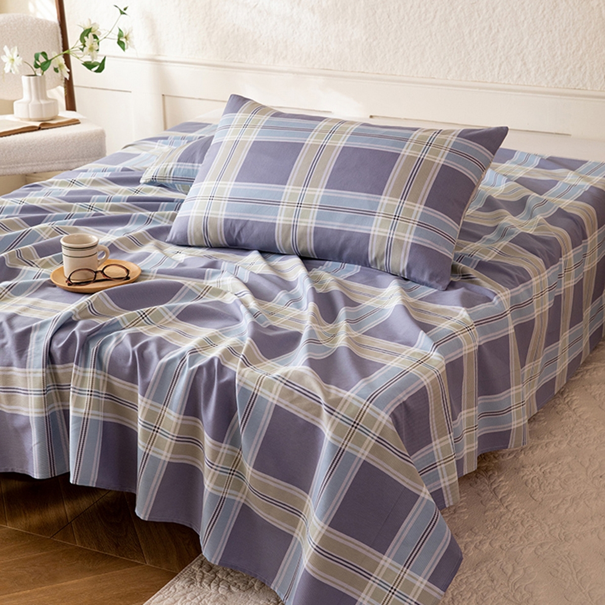 91家纺网 家纺一手货源 找家纺 八十八家纺 2026新款无印风全棉纯棉斜纹条格单床单床单单件单品床单 山月