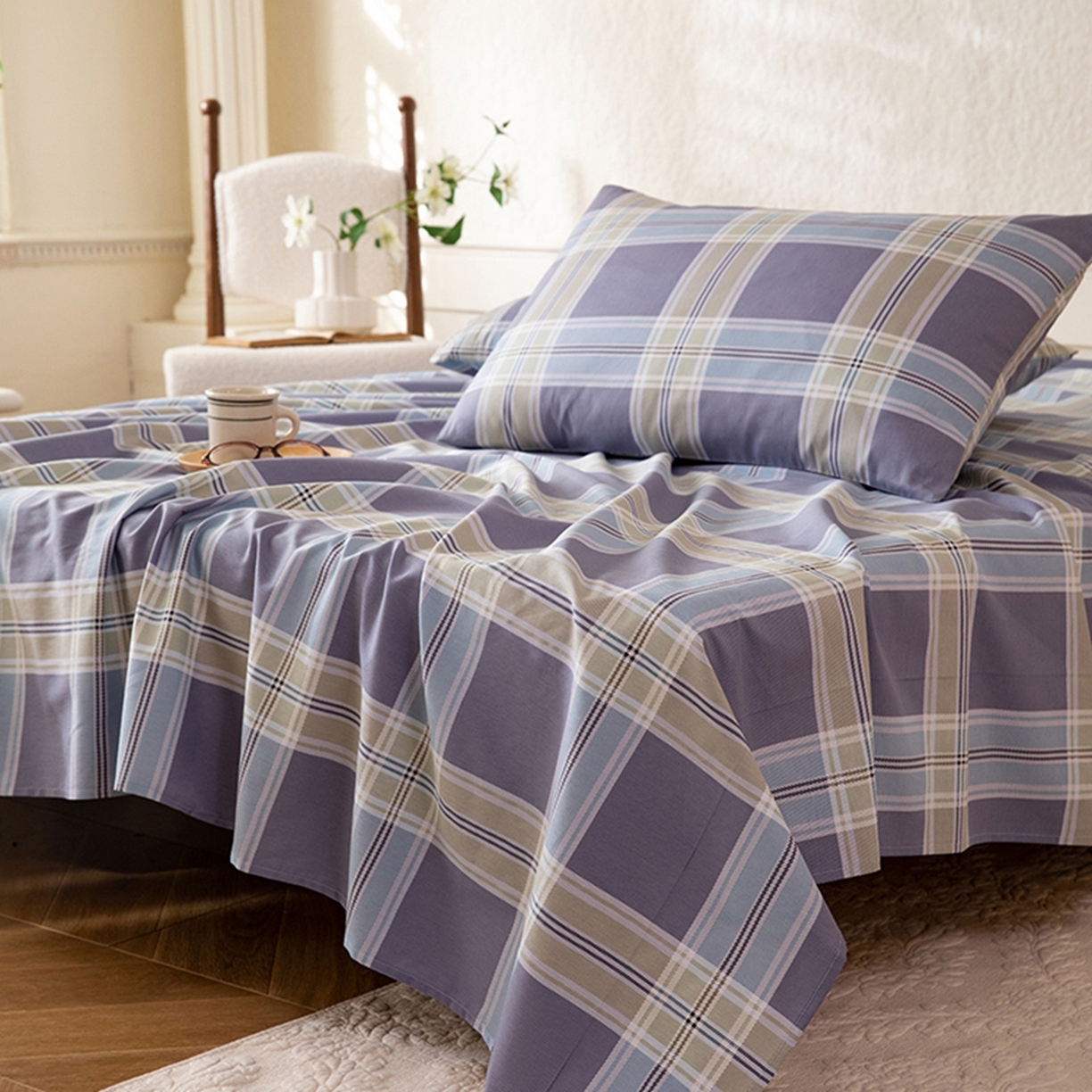 91家纺网 家纺一手货源 找家纺 八十八家纺 2026新款无印风全棉纯棉斜纹条格单床单床单单件单品床单 山月