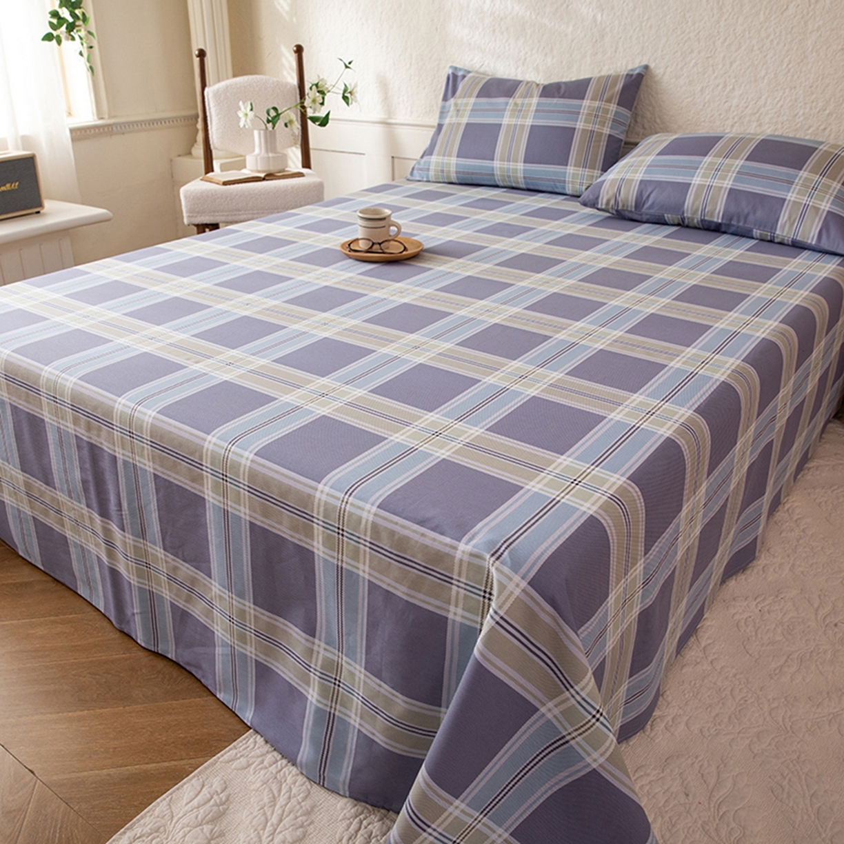 91家纺网 家纺一手货源 找家纺 八十八家纺 2026新款无印风全棉纯棉斜纹条格单床单床单单件单品床单 山月