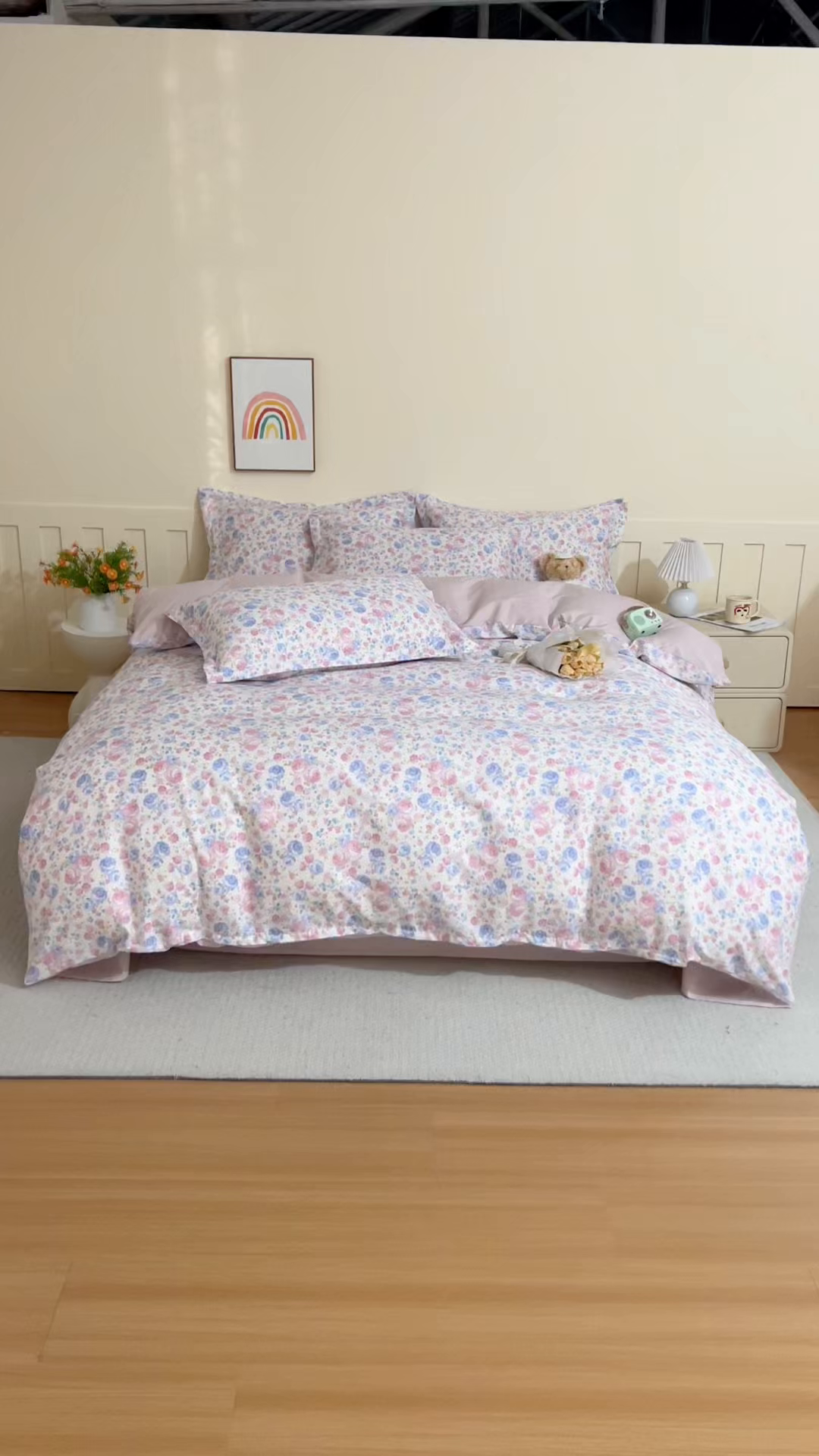 91家纺网 家纺一手货源 找家纺 爱诗诺家纺 2026新款100%全棉纯棉印花四件套【送货上门.多少都可以送】 云絮花-粉