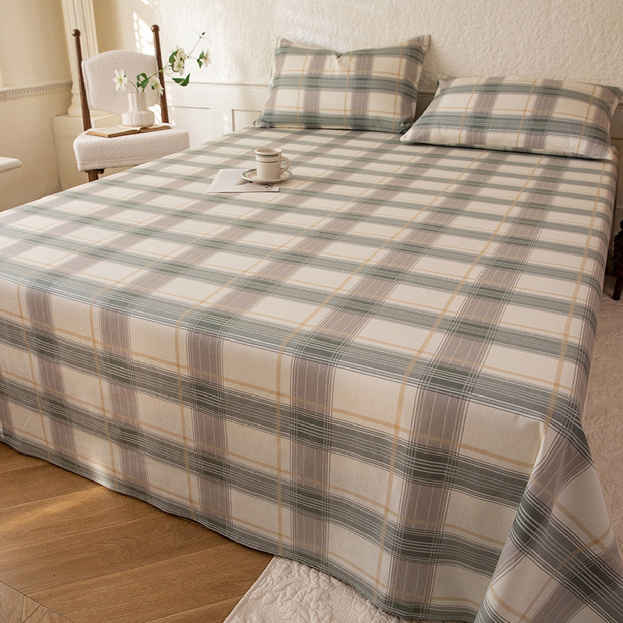 八十八家纺 2026新款无印风全棉纯棉斜纹条格单床单床单单件单品床单 山竹