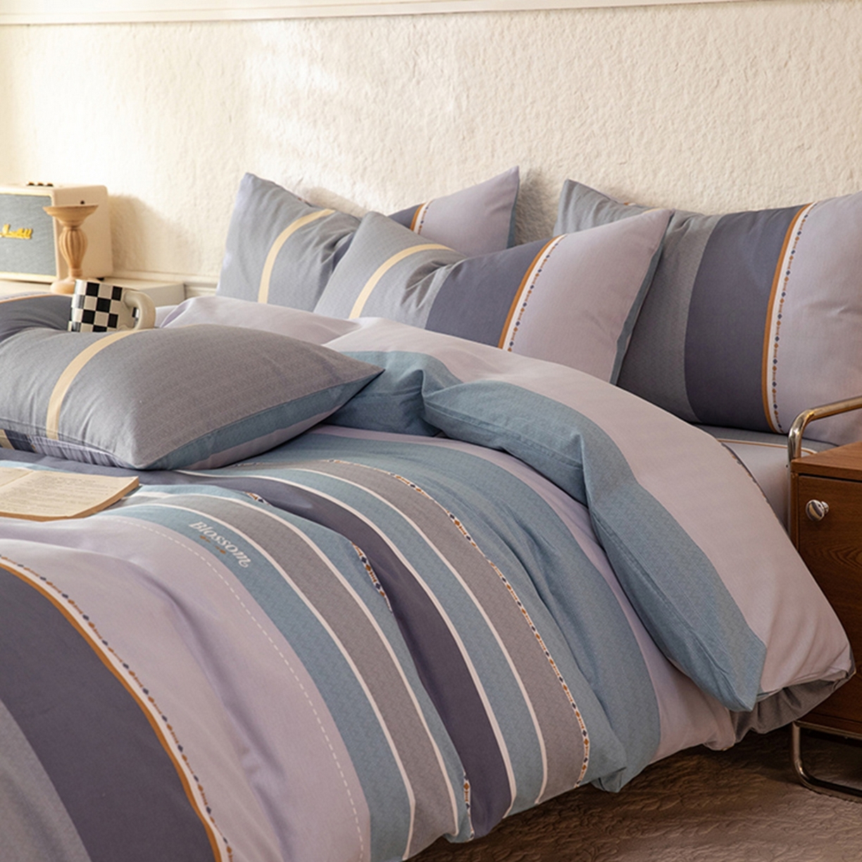 91家纺网 家纺一手货源 找家纺 八十八家纺 2026新款无印风全棉纯棉斜纹条格单被套被套单件单品被套 木思