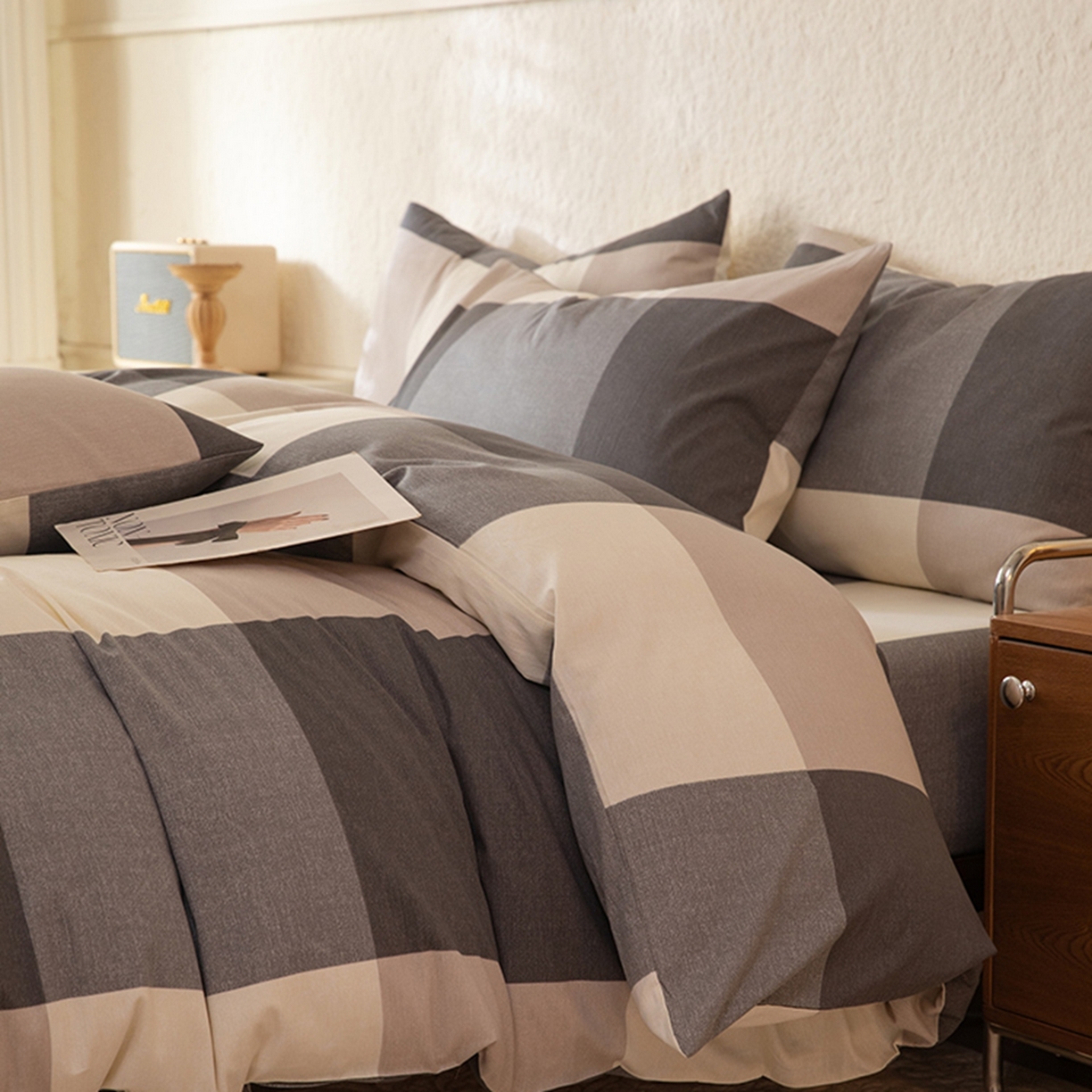 91家纺网 家纺一手货源 找家纺 八十八家纺 2026新款无印风全棉纯棉斜纹条格单被套被套单件单品被套 山海