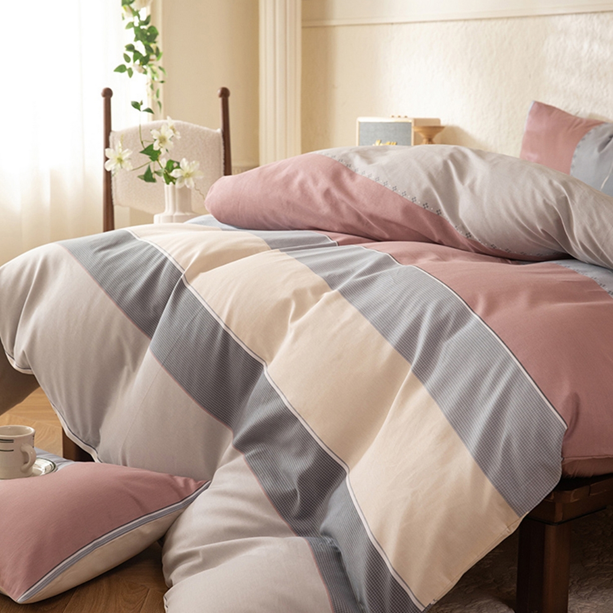 91家纺网 家纺一手货源 找家纺 八十八家纺 2026新款无印风全棉纯棉斜纹条格单被套被套单件单品被套 木本
