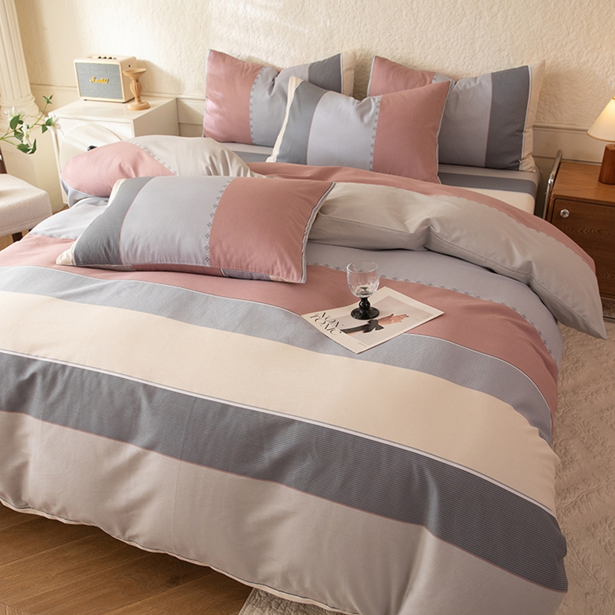 八十八家纺 2026新款无印风全棉纯棉斜纹条格单被套被套单件单品被套 木本