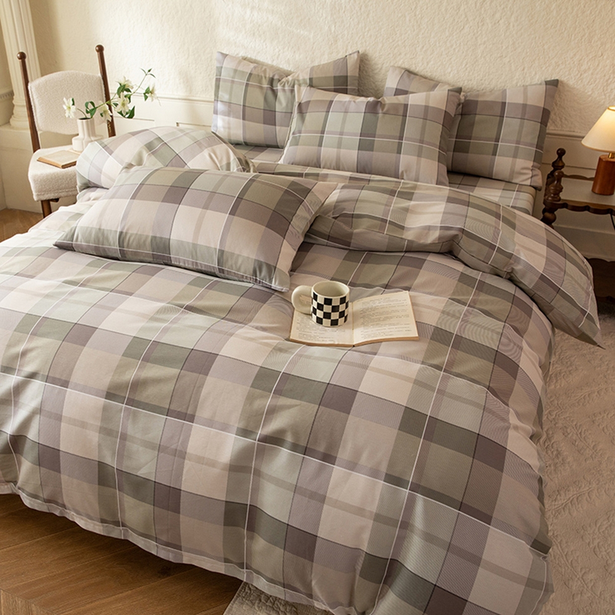 八十八家纺 2026新款无印风全棉纯棉斜纹条格单被套被套单件单品被套 山茶