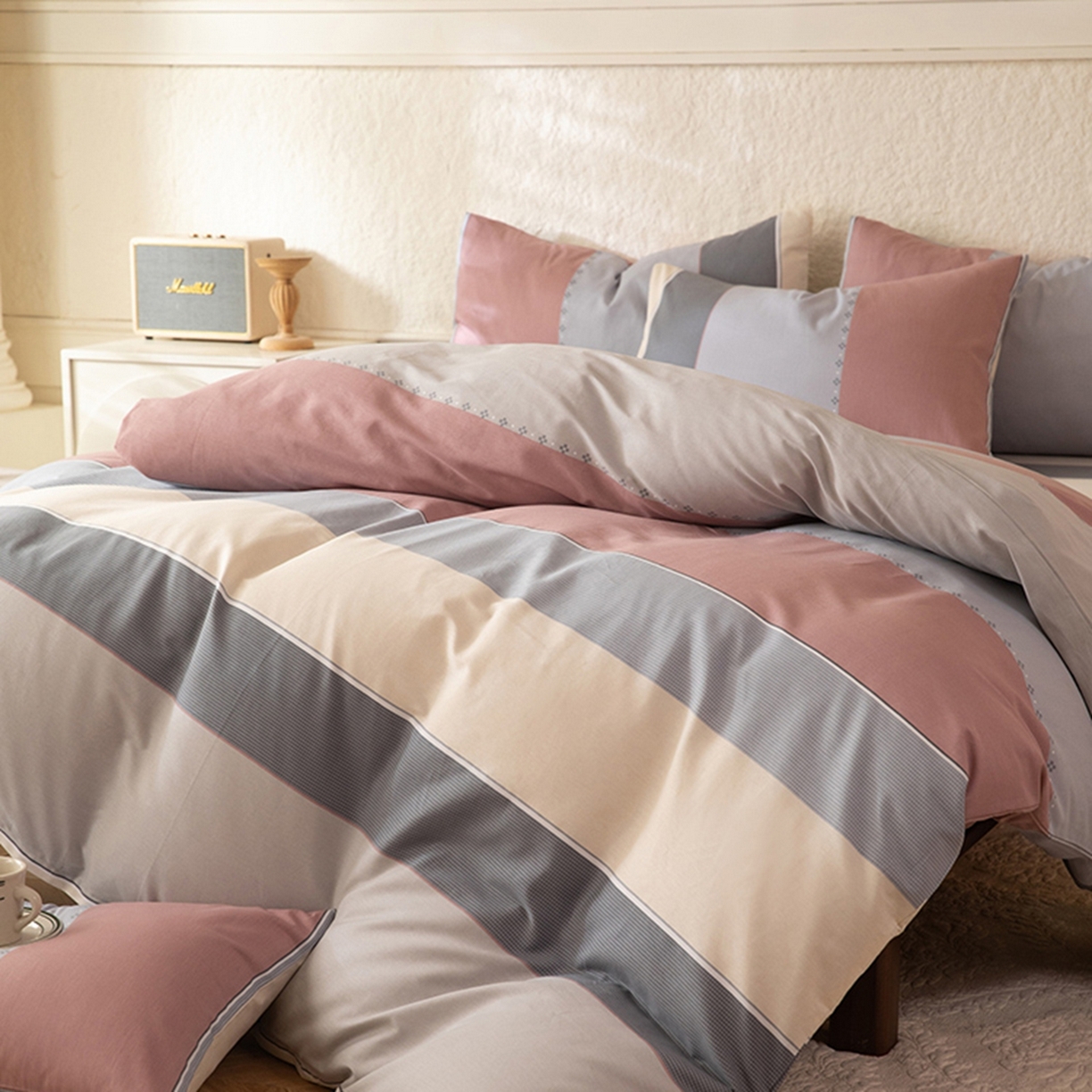 91家纺网 家纺一手货源 找家纺 八十八家纺 2026新款无印风全棉纯棉斜纹条格单被套被套单件单品被套 木本