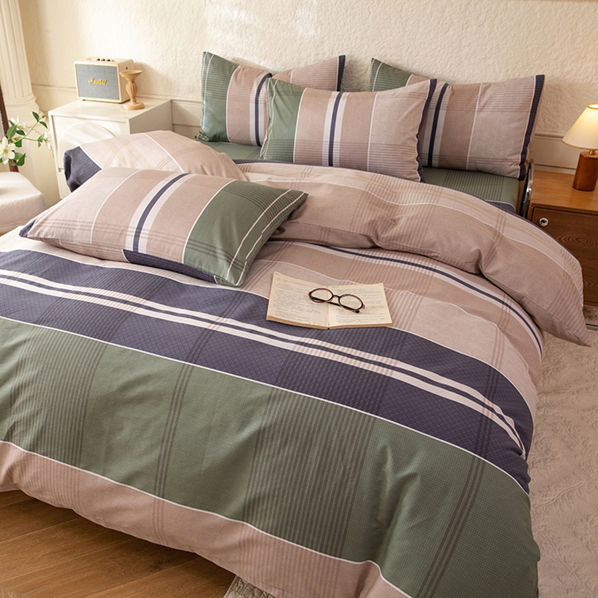 八十八家纺 2026新款无印风全棉纯棉斜纹条格单被套被套单件单品被套 木夕