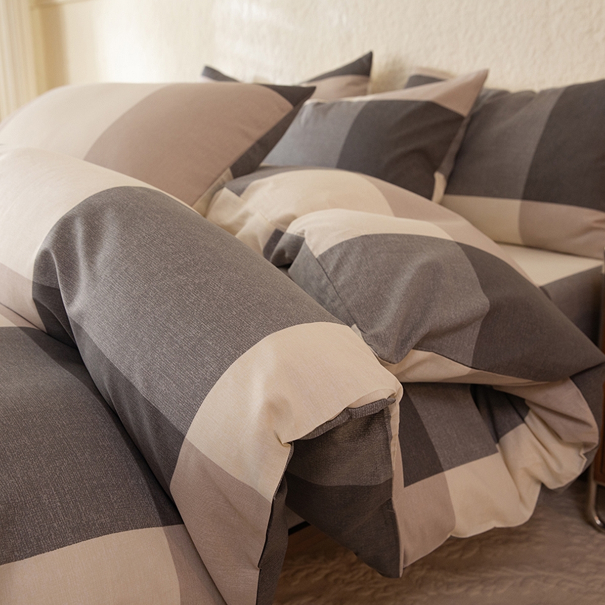 91家纺网 家纺一手货源 找家纺 八十八家纺 2026新款无印风全棉纯棉斜纹条格单被套被套单件单品被套 山海