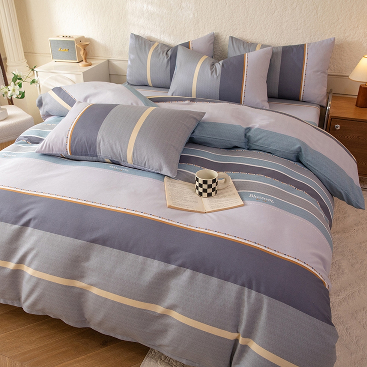 八十八家纺 2026新款无印风全棉纯棉斜纹条格单被套被套单件单品被套 木思