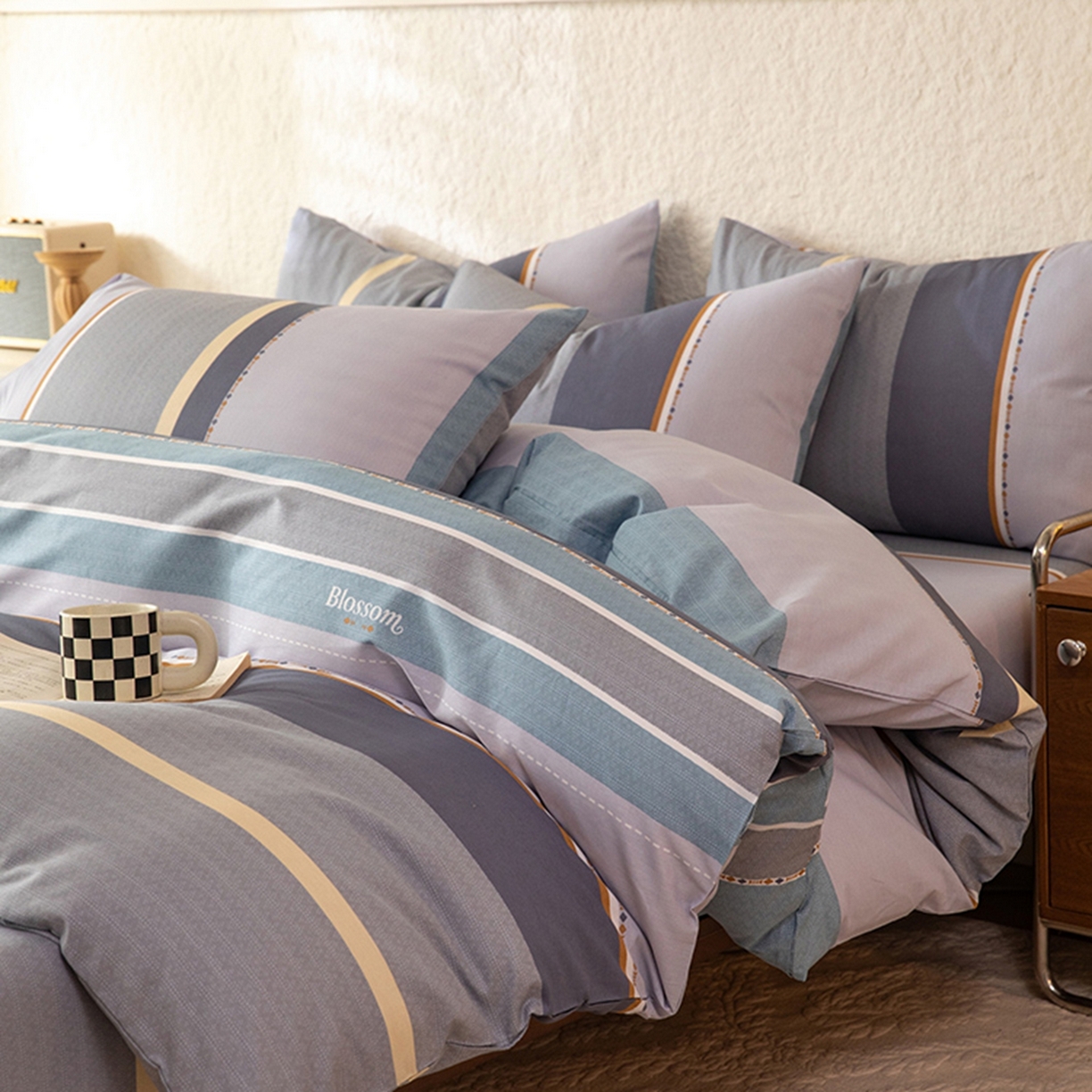 91家纺网 家纺一手货源 找家纺 八十八家纺 2026新款无印风全棉纯棉斜纹条格单被套被套单件单品被套 木思