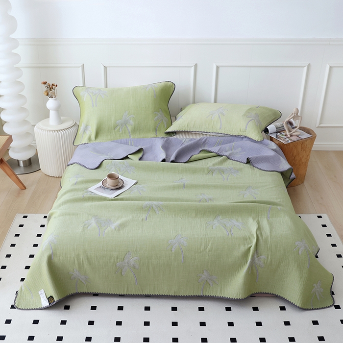 91家纺网 家纺一手货源 找家纺 朴尔家纺-毛巾被 2026新款柔绵绵风贝壳针复合工艺六层纱布毛巾被盖毯-朴尔经典款常年备货 海岛椰林-绿