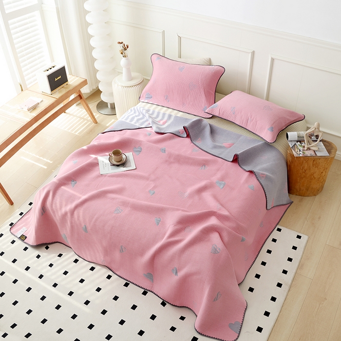 91家纺网 家纺一手货源 找家纺 朴尔家纺-毛巾被 2026新款柔绵绵风贝壳针复合工艺六层纱布毛巾被盖毯-朴尔经典款常年备货 心叶-粉