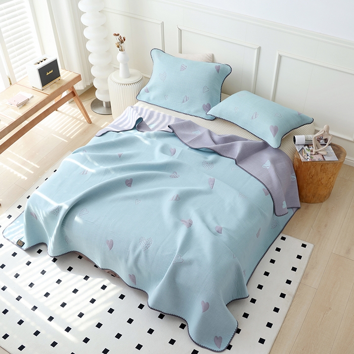 91家纺网 家纺一手货源 找家纺 朴尔家纺-毛巾被 2026新款柔绵绵风贝壳针复合工艺六层纱布毛巾被盖毯-朴尔经典款常年备货 心叶-蓝