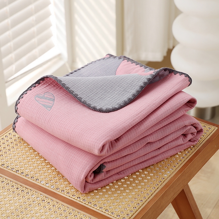 朴尔家纺-毛巾被 2026新款柔绵绵风贝壳针复合工艺六层纱布毛巾被盖毯-朴尔经典款常年备货 心叶-粉
