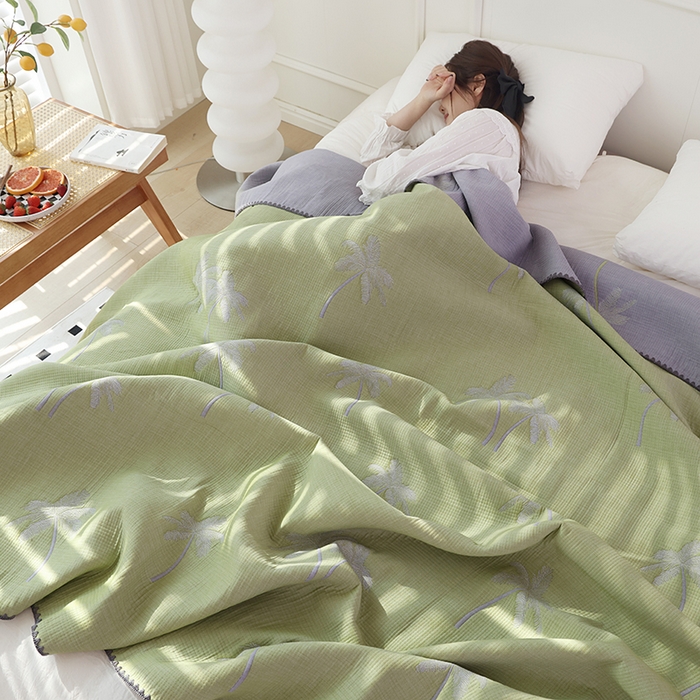 91家纺网 家纺一手货源 找家纺 朴尔家纺-毛巾被 2026新款柔绵绵风贝壳针复合工艺六层纱布毛巾被盖毯-朴尔经典款常年备货 海岛椰林-绿