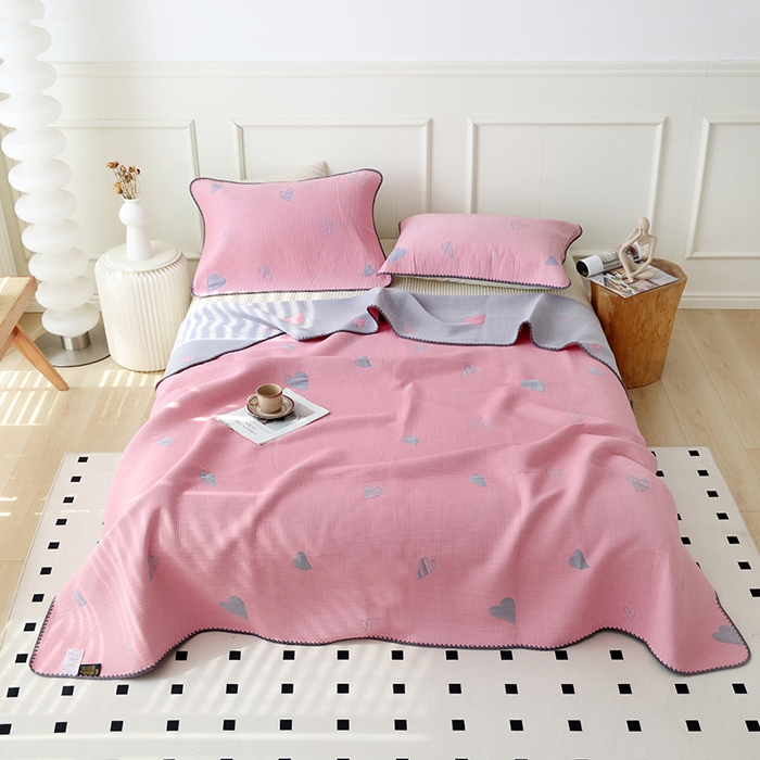 91家纺网 家纺一手货源 找家纺 朴尔家纺-毛巾被 2026新款柔绵绵风贝壳针复合工艺六层纱布毛巾被盖毯-朴尔经典款常年备货 心叶-粉