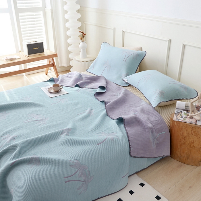 91家纺网 家纺一手货源 找家纺 朴尔家纺-毛巾被 2026新款柔绵绵风贝壳针复合工艺六层纱布毛巾被盖毯-朴尔经典款常年备货 海岛椰林-蓝