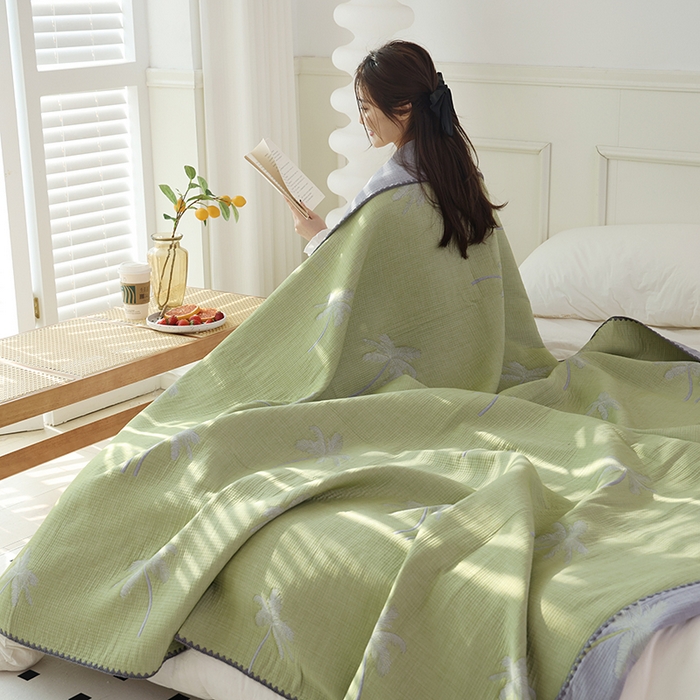 91家纺网 家纺一手货源 找家纺 朴尔家纺-毛巾被 2026新款柔绵绵风贝壳针复合工艺六层纱布毛巾被盖毯-朴尔经典款常年备货 海岛椰林-绿