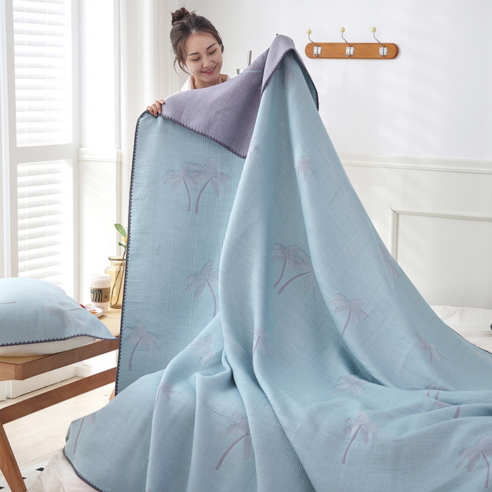 91家纺网 家纺一手货源 找家纺 朴尔家纺-毛巾被 2026新款柔绵绵风贝壳针复合工艺六层纱布毛巾被盖毯-朴尔经典款常年备货 海岛椰林-蓝