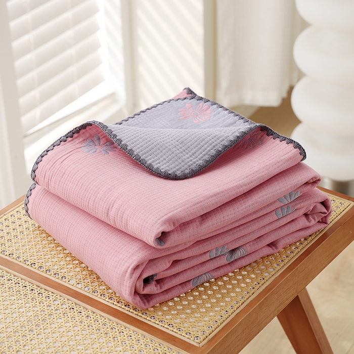 朴尔家纺-毛巾被 2026新款柔绵绵风贝壳针复合工艺六层纱布毛巾被盖毯-朴尔经典款常年备货 风中雏菊-粉