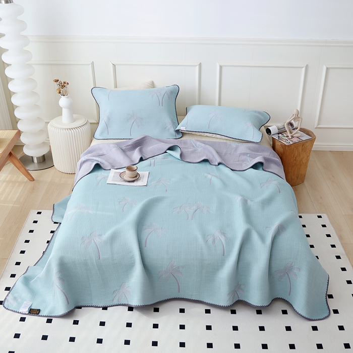 91家纺网 家纺一手货源 找家纺 朴尔家纺-毛巾被 2026新款柔绵绵风贝壳针复合工艺六层纱布毛巾被盖毯-朴尔经典款常年备货 海岛椰林-蓝