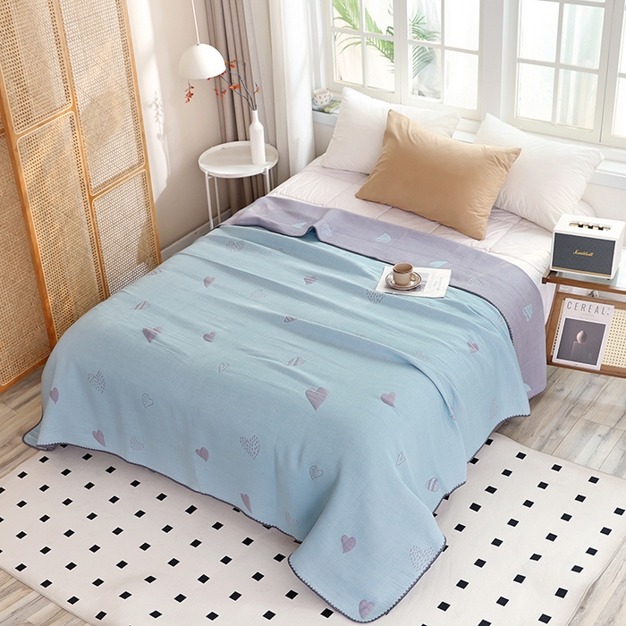 91家纺网 家纺一手货源 找家纺 朴尔家纺-毛巾被 2026新款柔绵绵风贝壳针复合工艺六层纱布毛巾被盖毯-朴尔经典款常年备货 心叶-蓝