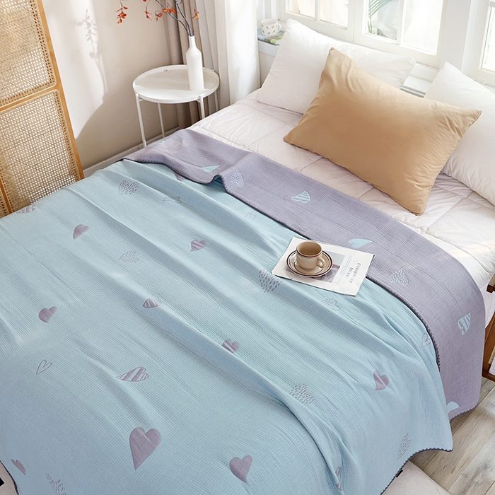 91家纺网 家纺一手货源 找家纺 朴尔家纺-毛巾被 2026新款柔绵绵风贝壳针复合工艺六层纱布毛巾被盖毯-朴尔经典款常年备货 心叶-蓝