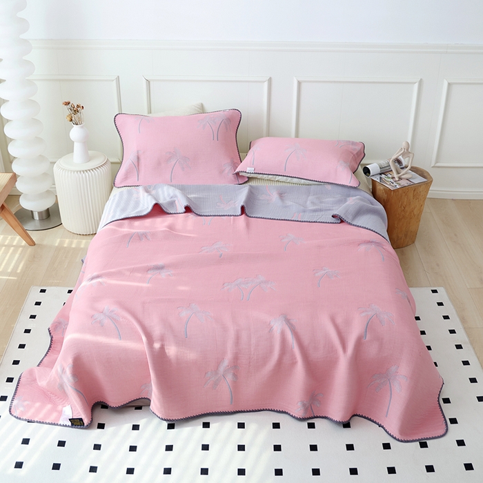 91家纺网 家纺一手货源 找家纺 朴尔家纺-毛巾被 2026新款柔绵绵风贝壳针复合工艺六层纱布毛巾被盖毯-朴尔经典款常年备货 海岛椰林-粉